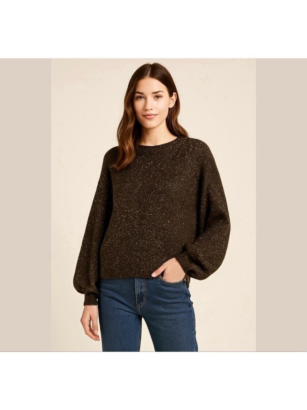 Loft Ann Taylor LOFT fluffy sparkling metallic hint sweater pullover brown Sz L